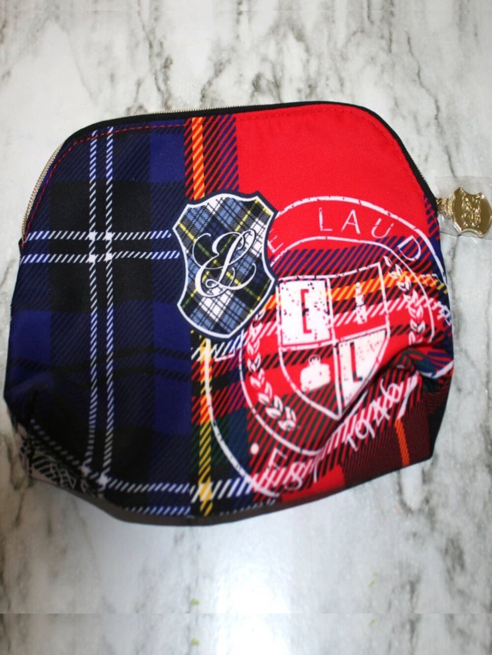 ESTEE LAUDER Makeup Bag Cosmetic Pouch Tartan Plaid Holiday Edition Red Blue